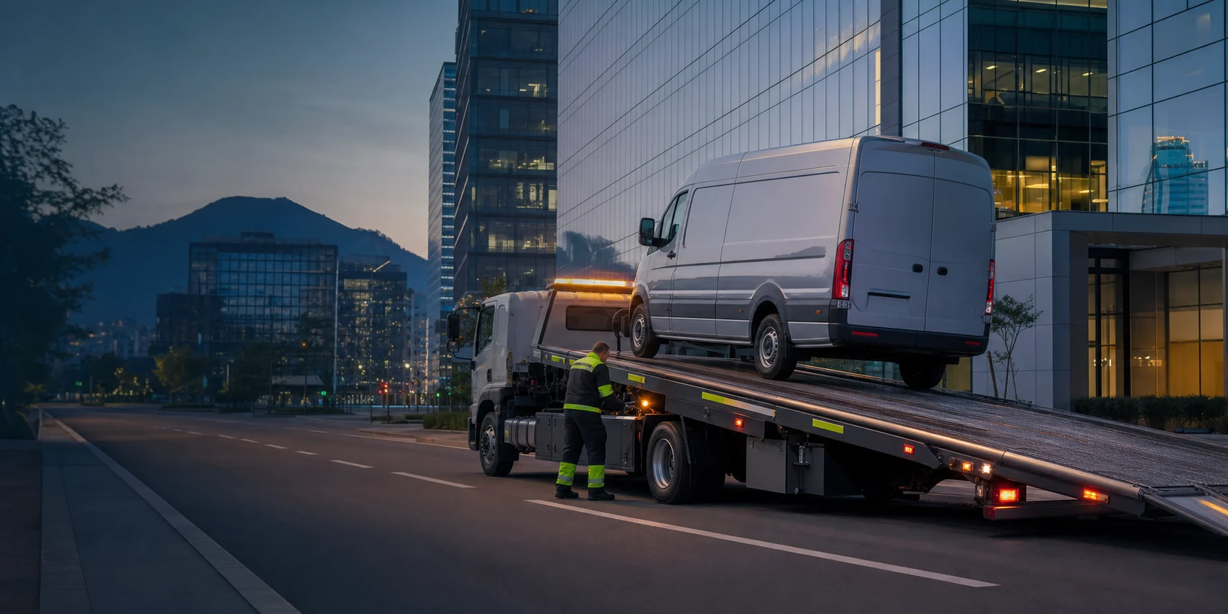 Grúa de plataforma atendiendo una unidad de flota corporativa